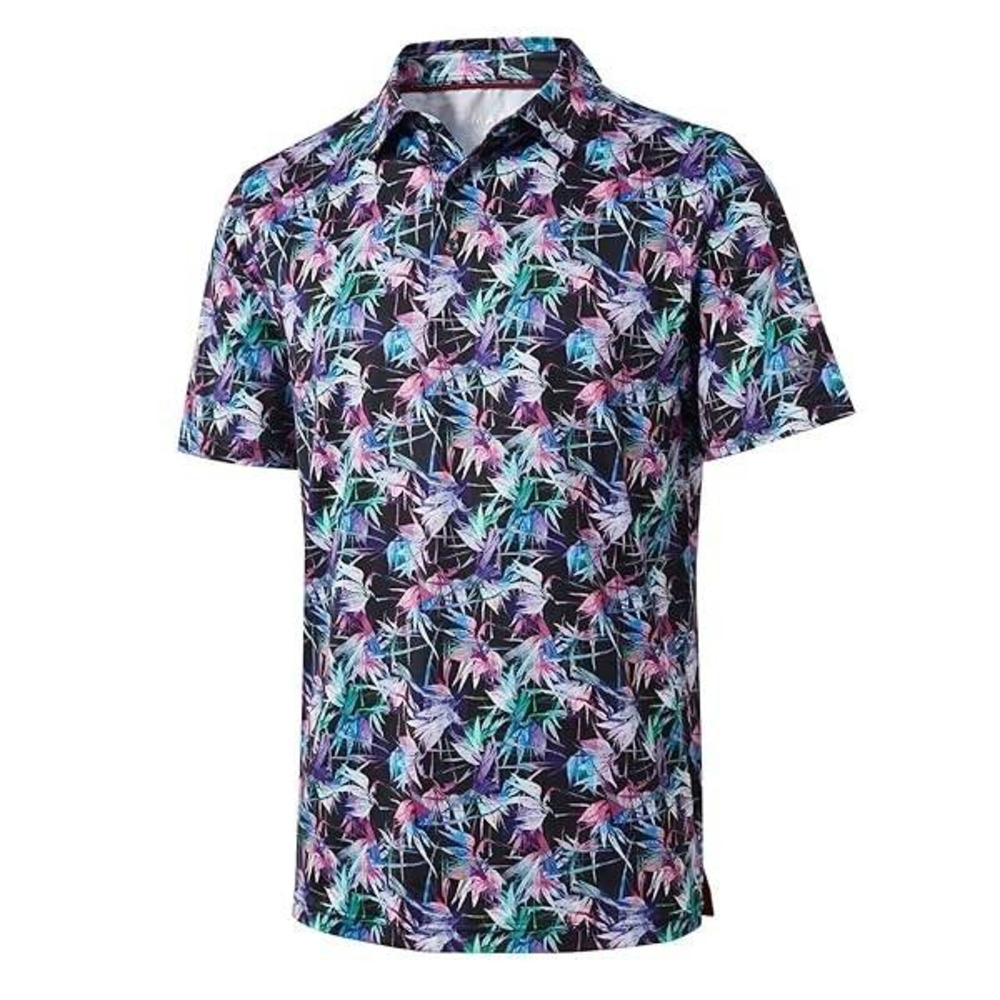 MAELREG Mens Performance Polo Shirt M Tropical Floral Black Pink Teal Golf Short